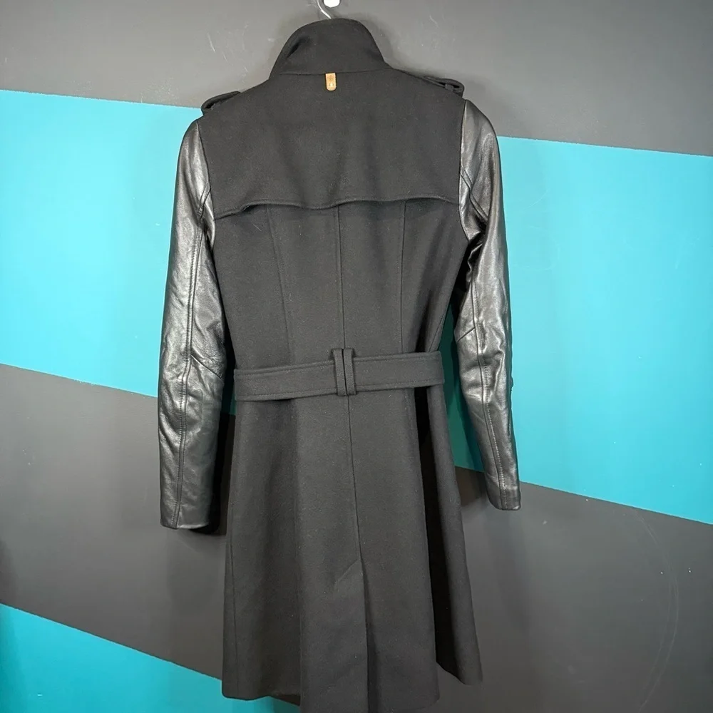Mackage Dale Black Trench Coat with Leather Sleeves - Picture 9 of 16